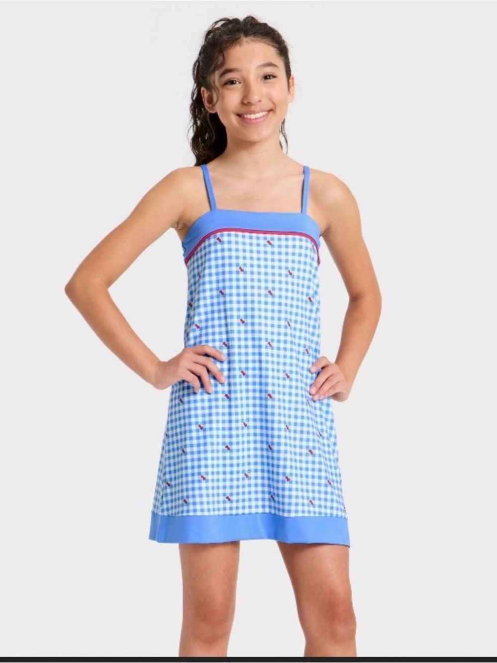 all in motion Blue Gingham Sundress with Pink Trim